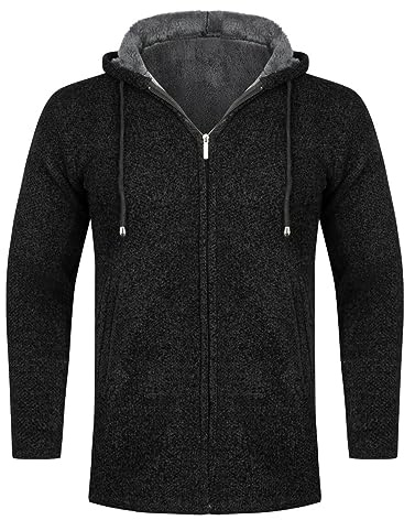 Allthemen Cardigan Homme à Capuche Cardigan Doublé Veste à Capuche en Grosse Maille Pull à Capuche Veste d'hiver Noir L