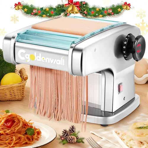 CGOLDENWALL Elektrische Nudelmaschine, Edelstahl Pasta Maker mit 4 Klingen (2mm/2.5 mm/4mm/9mm) und 9 Einstellbaren Stärken von 0,5-5mm für Frische Hausgemachte Tagliatelle, ABS-Schutz