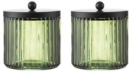 KMWARES 2-Pack Glass Qtip Holder Dispenser Set for Cotton Ball, Swab, Round Pads, Floss Picks - Bathroom Canister Storage Organization and Vanity Makeup Organizer(Olive Green)