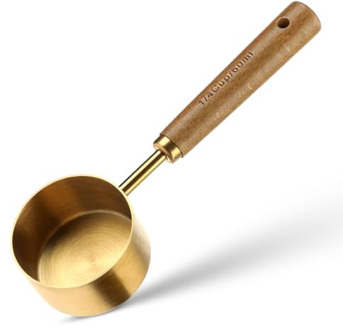 KALIONE Cuchara medidora de 1/4 taza con mango de madera, cuchara medidora de 60 ml, acero inoxidable, chapado en titanio, herramienta de medición para hornear, té, café (dorado), 571606_2_f3ZRE9BPz
