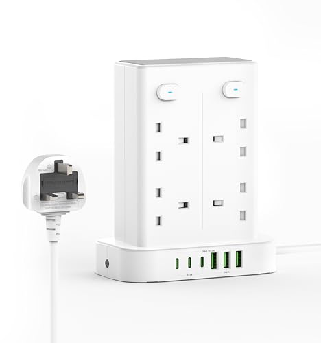 Tower Extension Lead with USB Slots, 8 Way Sockets(13A 3250W) Multi Plug Extension Socket with 3 USB C and 3 USB A, Overload Protection Extension Tower with 4 Independent Switches, 1.8M Power Cord