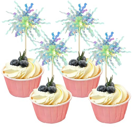 Gyufise 20Pcs Foil Firework Cupcake Toppers Sparkle Tinsel Cake Toppers Tinsel Drink Cake Decoration Cocktail Picks for Birthday Wedding Graduation Party Supplies Green