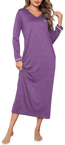 Demegimi Chemise De Nuit Femme Chemises de Nuit Longue à Manches Longues en Coton Hivers Vetement de Nuit