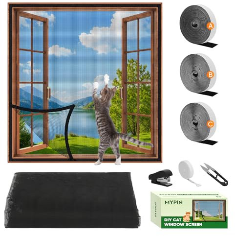 MYPIN Einstellbare Katzenschutz Fenster Netz Mit Selbstklebeband, DIY Größe, Katzennetz Balkon Fenster Transparent Netzgitter, Fliegengitter, Max. 130x150 cm, mit Lineal/Messer/Hefter (Schwarz)