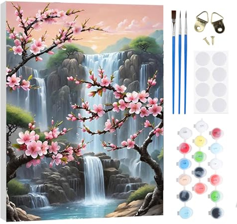 RICUVED Pintar por Numeros Adultos Cascada Paisaje con Marco, DIY Flor Cuadros para Pintar por Números con Caballete de Madera, Pintura Acrilica Manualidades Adultos Decoracion 20x30cm