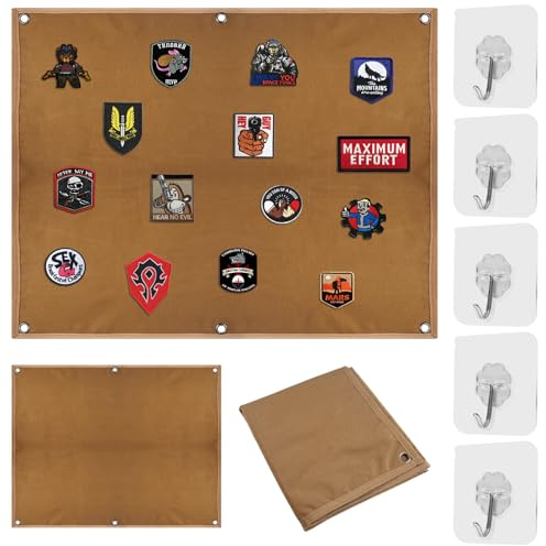 Parches de para Pared Superficie de Tapete, 60×45CM con Ojales Pared de Plegable Gancho y Lazo Tablero de Parch Tablero de Organizador de Senderismo de Exhibición para Insignias Sellos Parches(Marrón)