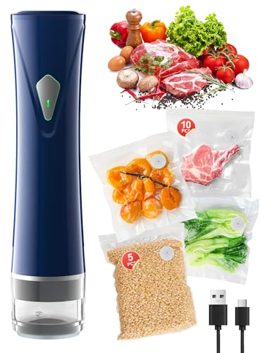 GPUTEK Petit machine sous vide alimentaire,Puissance d'aspiration de 60 kPa, appareil de avec 15 sachets réutilisables, chargement USB, machine sous vide de films compact pour la maison,le camping