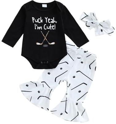 LZUBCPY Baby Girl Fall Clothes Puck Cute Bodysuit Hockey Flare Pants Headband 3Pcs Bell Bottoms Set Newborn Going Home Outfit (Black, 6-12 Months)