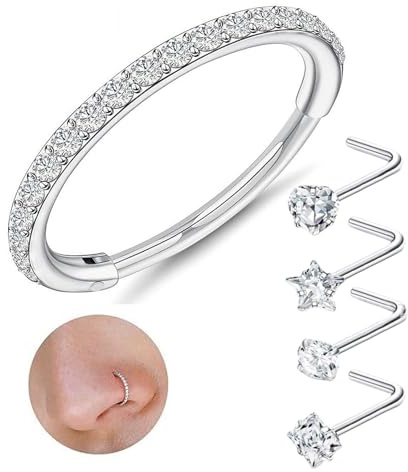 SiumPklay 5-Piece Titanium Nose Ring Set – 8mm Nose Hoop + 4 L-Shaped Nose Studs (Round Square Heart Star Shapes) Hypoallergenic Cartilage and Septum Piercing Jewelry for Women and Men
