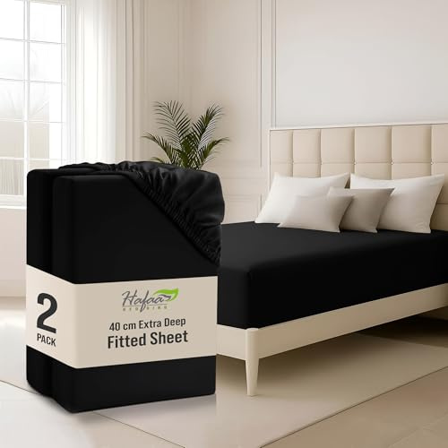 Hafaa Double Fitted Sheet 2 Pack 40Cm Deep Pocket 16 Inch Black Bed Sheets Hotel Quality Soft Brushed Microfiber Fabric Breathable Shrinkage Fade Resistant Bedsheet