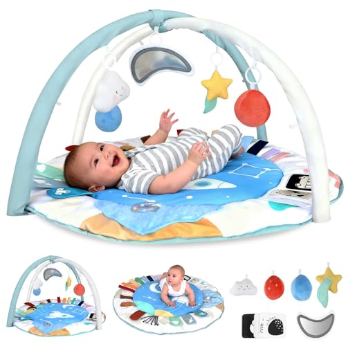 LabTEC Baby Play Gym & Activity Playmat, Sensory Mat for Floor, 5 Developmental Zones Tummy Time Mat with 5 Detachable Sensory Toys for Motor Skills & Sensory Development (0-18 Months Baby)