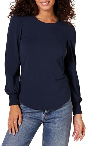 Amazon Essentials T-Shirt Girocollo a Manica Lunga con Polsini Punto Smock Donna, Blu Marino, XL