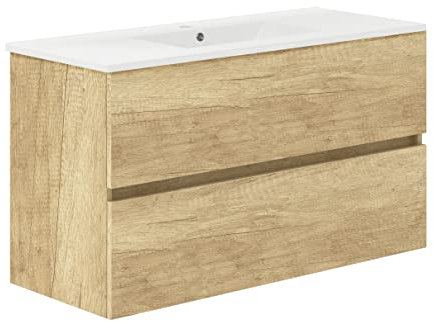 Baikal, Conjunto de baño Natura. Mueble de Baño de Fondo Reducido, con Lavabo cerámico. Distribución Dos Cajones. Mueble MONTADO. Dos Cajones sin Espejo. Fondo 39cm 100 cm Nature