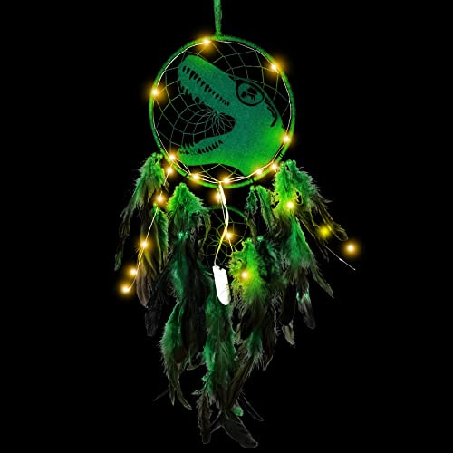 Vegena Attrape-rêves LED dinosaure - Capteur de rêves, lumière - Fait à la main, chambre d'enfant, fête, cadeau d'anniversaire