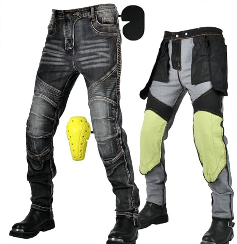 Pantalones de Moto Para Mujer/hombre Fabricados con Tela Stretch denim, Pantalón de Protección Para Motocicleta,Pantalones con Bolsillos Y 4 Almohadillas Protectoras Desmontables (Black Male-A,XL)