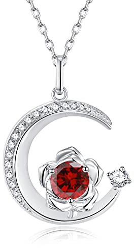 GEMLANTO 925 Sterling Silber Januar Geburtsstein Erstellt Granat Halskette Rose & Mond Anhänger Edelstein Schmuck Geburtstag Schmuck Geschenke für Frauen Mädchen Mutter Tochter, verstellbare Kette