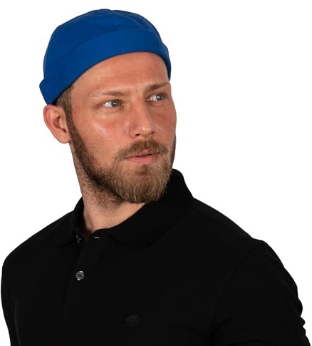 HATSQUARE Cotton Docker Cap, Unisex Brimless Cap, Men Skull Cap, Brimless Beanie Hat, Men Women Cuffed Hat - Blue