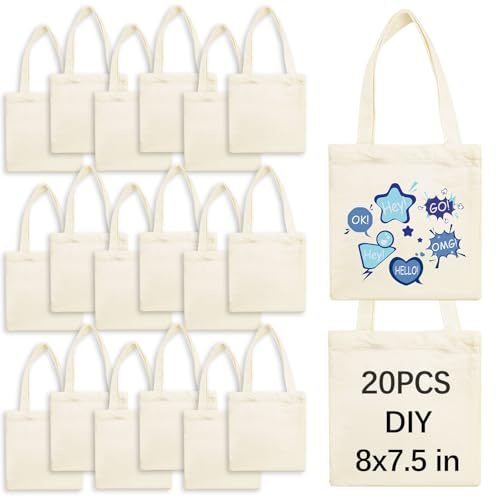 OKBA 20 Pcs 8X7.5 Inch Sublimation mini tote bags ，Blank Canvas Tote Bags Reusable Grocery Bags, small tote bags for kids DIY Sack Goody Bag for Party Event Bag -Beige