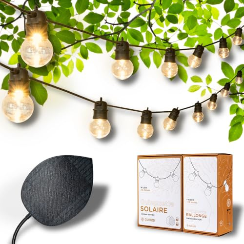 GuirLED - Guirlande lumineuse Solaire & Étanche IP55 Guinguette Premium - 32 LED 15 mètres - 100% Autonome - Feuille photovoltaïque XL - Batterie lithium 4000 mAh - Vintage Edition