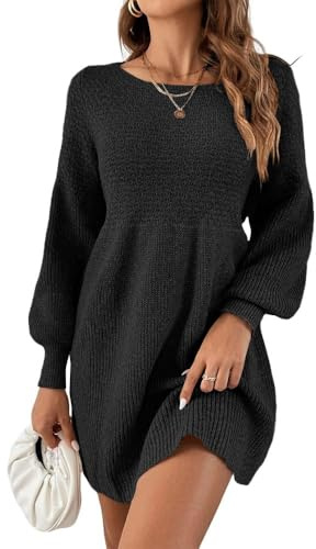 Saodimallsu Abito da donna a maniche a palloncino in maglia con scollo tondo, aderente in vita, elegante, a linea, miniabito, Nero , L