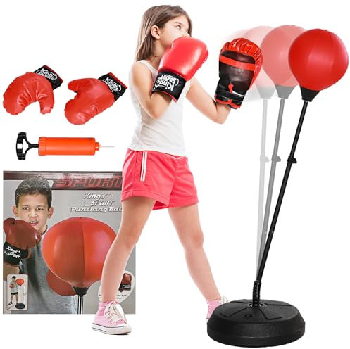 AIYAPLAY Saco de Boxeo para Niños de +5 Años Kit de Boxeo para Niños con Guantes de Boxeo Altura Ajustable de 122,5-147 cm y Base Rellenable Rojo