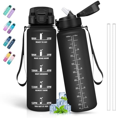 Gourde- 1l- Gourde Sport, Anti-Fuite, Gourde Paille pour Running, Gourde Graduée avec Marqueur de Temps, Bouteille Horaire pour adulte, Facile à Nettoyer, Bouteille d'eau pour Camping, Randonnée, Noir