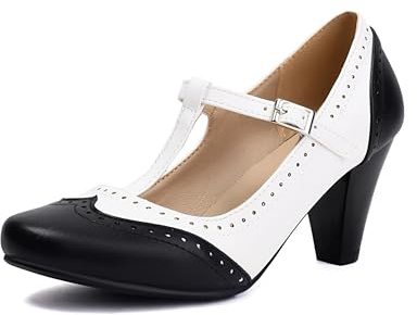 elerhythm Mary Jane Two Tone Classic e Retro Oxford Wingtip anni '20 Pump Heels Vintage '50 punta chiusa rotonda anni '40 cinturino alla caviglia, Nero , 37 EU