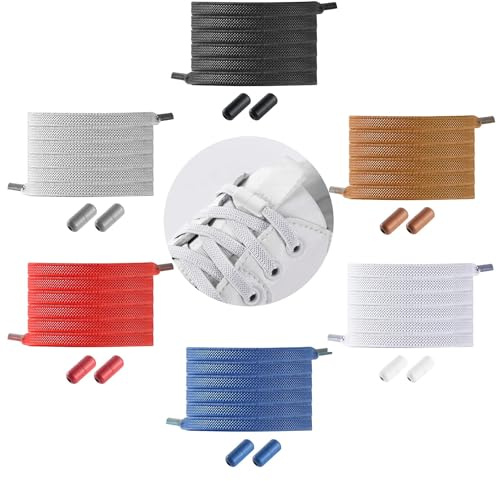 Lacets Élastiques sans Nœud - 6 Paires Lacets Plats Élastiques pour Chaussures, Faciles à Enfiler, Confortables et Durables, 6 Couleurs