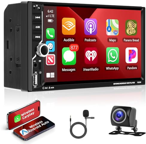 Motorsi Wireless Carplay Android Auto 2 Din Car Stereo, 7 HD Touch Screen Car Radio, Support Bluetooth 5.1/MirrorLink/FM/USB/AUX-IN/Remote Control/7 Colore Backlight MP5 Player+Telecamera Posteriore
