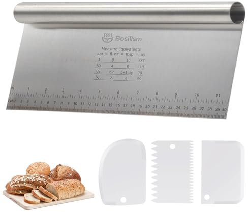 Bosillsm Set di 4 biglietti per impasti in acciaio inox con scala di misurazione, 30 x 11,5 cm, raschietto per pasta e spatola per pizza, torte, torte e utensili da forno