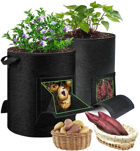 HOORayeah Paquete de 2 bolsas de cultivo de patatas de 37,9 litros - Bolsas de cultivo de plantas con asas y 2 solapas visibles para patatas, zanahorias, tomates y otras verduras