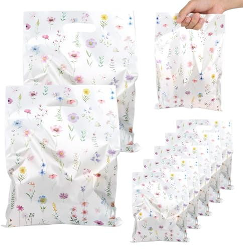50pz Sacchetto Regalo, Sacchetti per Bomboniere a Tema Fiori di Campo in Pellicola Perlescente Riutilizzabili con Manici per Compleanni Matrimoni e Feste