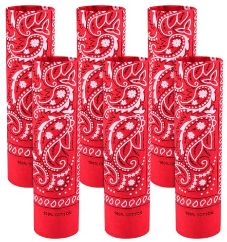 BOUBONI 6 Pack 100% Cotton Bandana Paisley Bandanas Head Ccarf Headband Neckerchief Scarf Handkerchief for Women Men (6, Red)