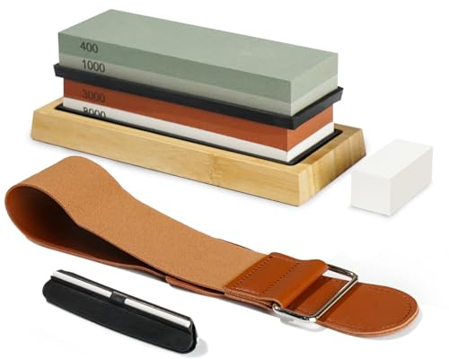 Romon Kit de Afilado 4 en 1 con Base de Bambú y Cuero para Todo Tipo de Cuchillos