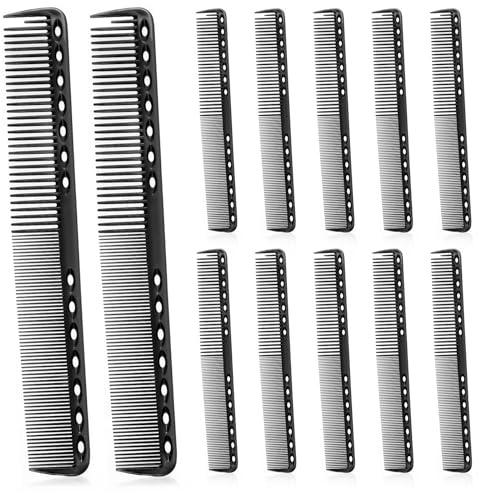 12 PCS Carbon Fiber Barber Hair Cutting Combs, Professional Heat Resistant Stylist Hairdressing Comb for Men & Women, Medium Fine Tooth for Clipper Cuts (Black)