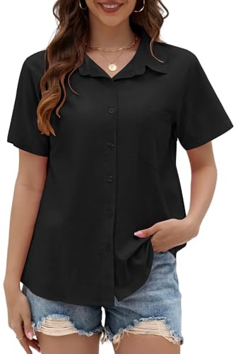 Yuson Girl Chemisier Femme Manche Courte Blouse Été en Lin Coton Chemise Col en V Boutonnée Hauts Couleur Unie Élégantes Chemiser Tops Décontracté Ample Tunique T-Shirt(Noir, S)