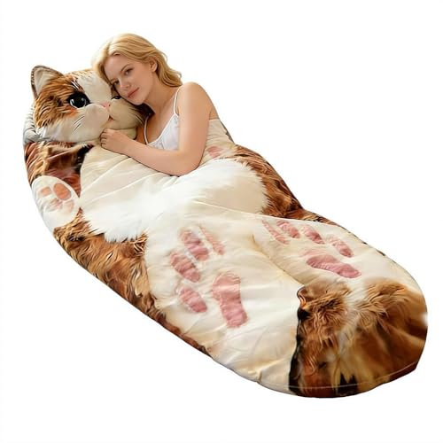 Saco De Dormir De Peluche con Forma De Gato para Adultos — Saco De Dormir Tipo sobre, Lavable Y Cálido — Ideal para Camping, Viajes Y Descanso En Casa