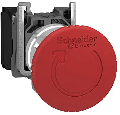 Schneider Electric XB4BS8442 Emergency Switching Off Push Button Switch for Industrial Machinery, Chromium Plated Metal Bezel, Fits 22mm Diameter Cutouts, Trigger Latching Turn to Release, 1NC