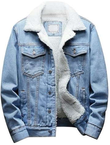 Omoone Men's Lapel Sherpa Fleece Lined Thicken Denim Jean Trucker Jacket Coats (0176-Light Blue-S)