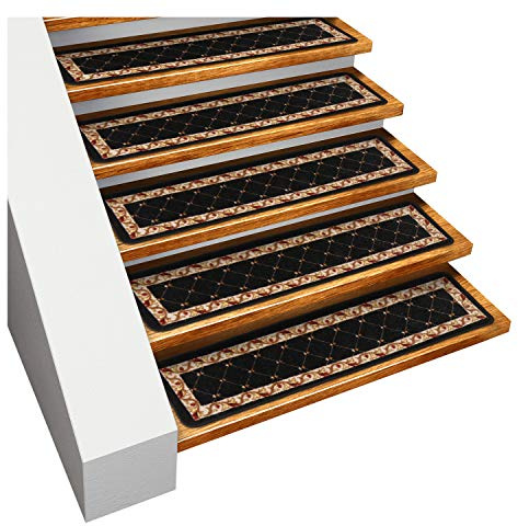 House, Home and More Set of 15 Skid-Resistant Carpet Stair Treads – Traditional Lattice with Floral Border – Ebony Black – 8 Inches X 26 Inches