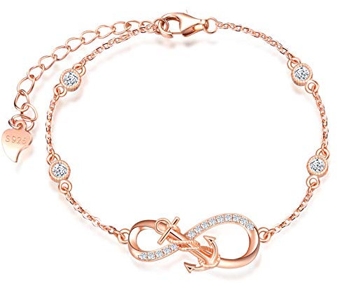 Infinite U Bracelet en argent 925, bracelet ajustable pour femme fille, ensemble de bijoux en argent, bracelet de symbole d'infini et d'ancre de navire, orné zircon brillant, or rose
