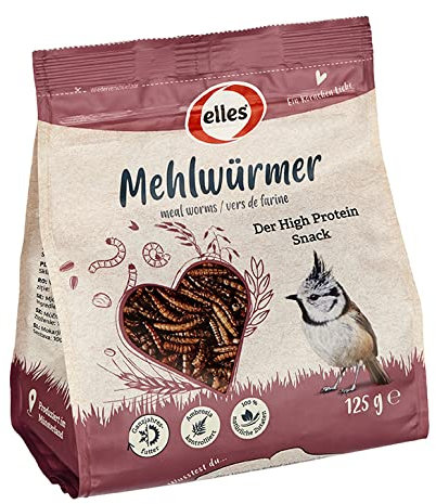 Elles getrocknete Mehlwürmer 125g I Protein-Delikatesse für Wildvögel | 100% natürlich | Ideal zur Ganzjahresfütterung | Energiereich und schalenfrei