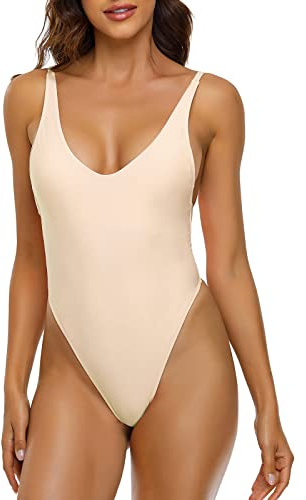 RELLECIGA Traje de baño de una Pieza de Tanga de Corte Alto y Espalda Baja para Mujer, Crema, Medium