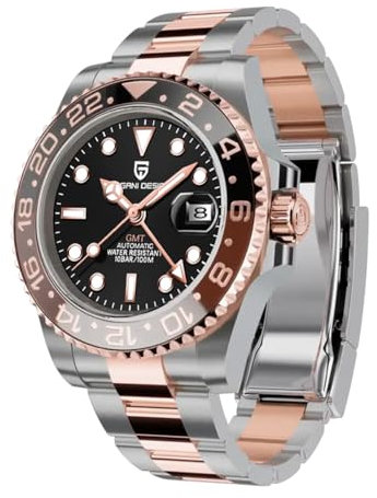 Pagani Design 1662 Uomo Automatico GMT Meccanico in Acciaio Inox 40MM Orologio in Cristallo di Zaffiro Impermeabile Luminoso Moda Business Uomo(Oro Rosa)