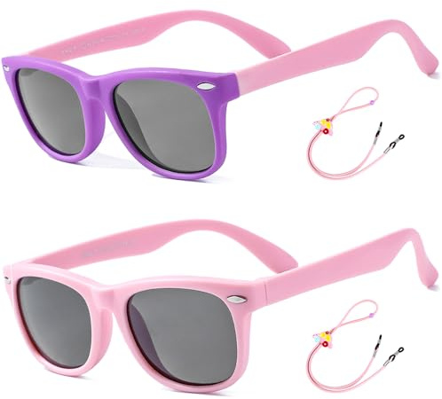 Rocf Rossini Barn, solglasögon, flexibla polariserade nyanser för baby, pojkar och flickor, UV400-skyddsglasögon, ålder 2–8, 2-pack (lila/rosa+rosa), Toddler