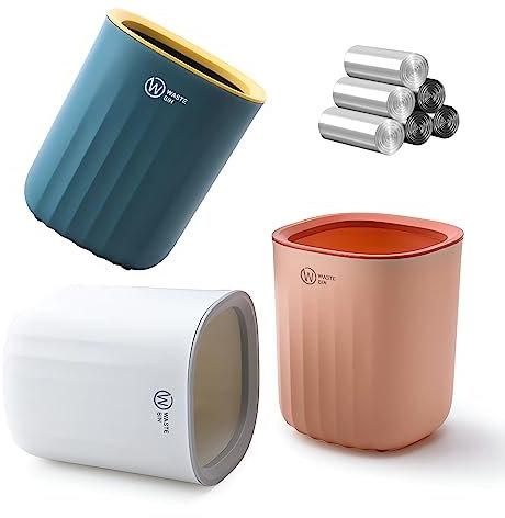 3PCS Mini Desktop Trash Bin, Small Wastebasket Bathroom Bins with 6 Rolls Bin Liners, Colourful Tea Bag Trash Can 12.7*13.7*15cm, Desk Compact Design Cosmetic Bin for Office, Vanity Tabletop