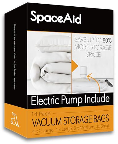 SpaceAid 14 Pack Vacuum Storage Bags with Electric Air Pump, Space Saver Sealer Compression Bags for Comforters, Blankets, Pillows, Bedding, Clothes (4 Jumbo/4 Large/3 Medium/3 Small)