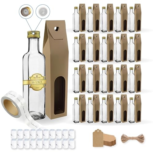 20 Botellas de Cristal 250ml con Tapón de Rosca Dorado con Boquilla Vertedora + 20 Cajas + 20 Sellos + 20 Etiquetas Personalizadas + 20 Etiquetas Kraft + Cuerda - Aceite de Oliva, Vinagre