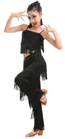 Falda Con Flecos De Baile Latino For Niñas, Top Corto + Pantalones, 2 Piezas, Ropa De Baile De Competición, Vestido De Baile De Salsa Tango Con Borlas, Disfraz De Actuación En Escenario(Black,140cm)