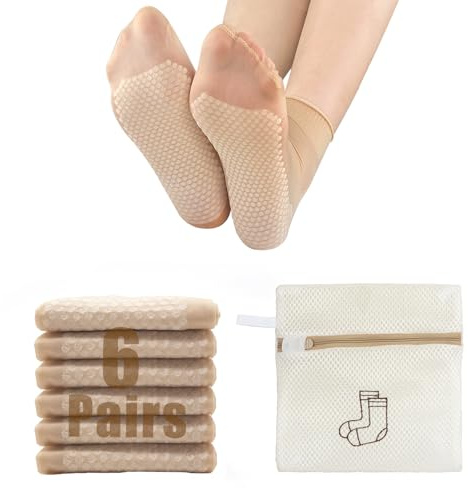 SwirlColor ankelstrumpor kvinnor, med en tvättväska, 6 par nylon kvinnor tunna strumpor halkfria strumpor för damer, storlek 4-7- naken, BEIgE, 37-40.5 EU